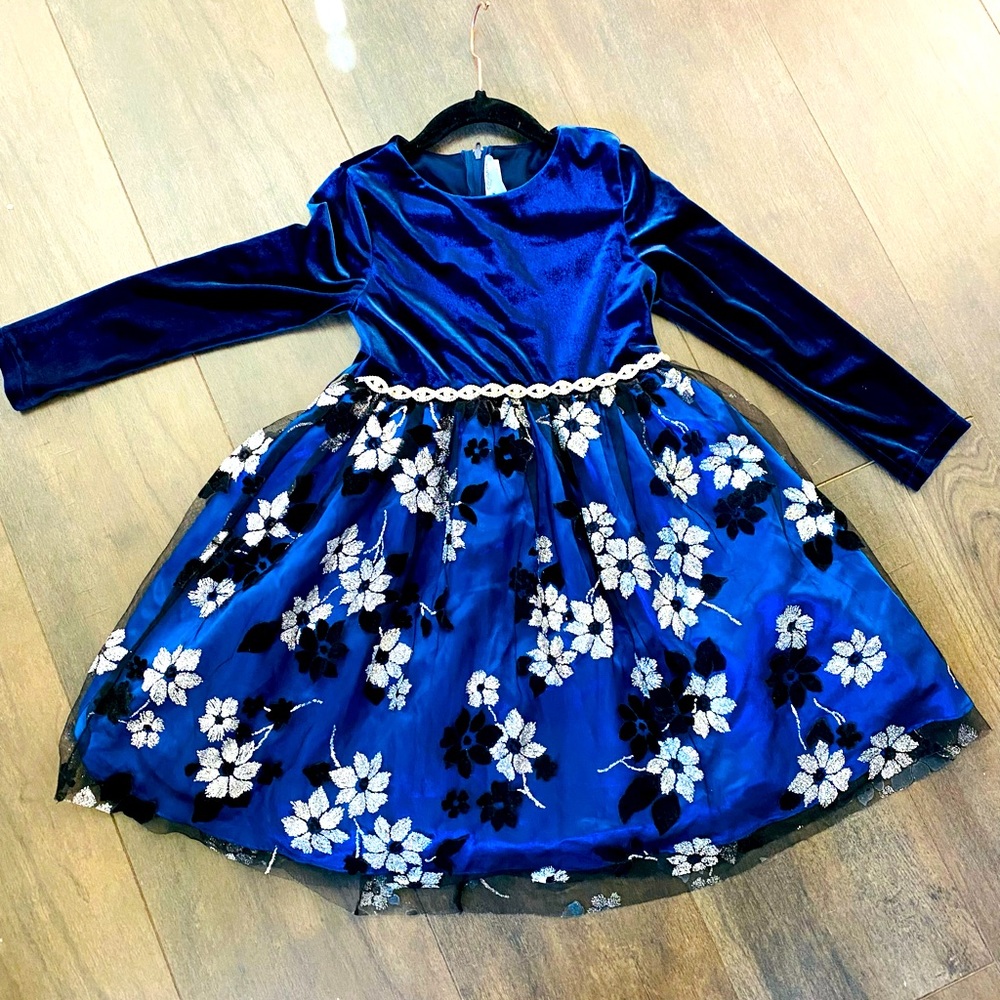 Little girls dress, Royal blue with silver and black. Size 5-6
